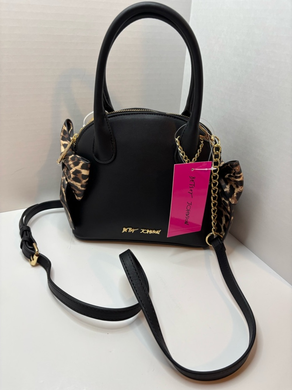 Betsey Johnson Black Crossbody Dome Satchel with Leopard Bow Accents